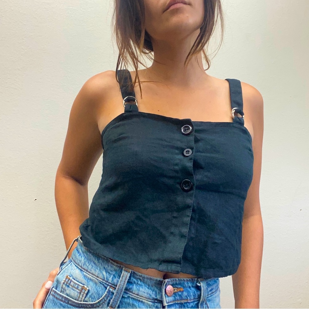 100% linen black button down tank top with adjustable straps